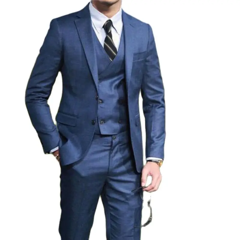 Double-breasted Vest Men\'s 3 Pieces Navy Suits Groom Wedding Formal Party Tuxedo Costume Homme Coat Blazer (Jacket+Pants+Vest)