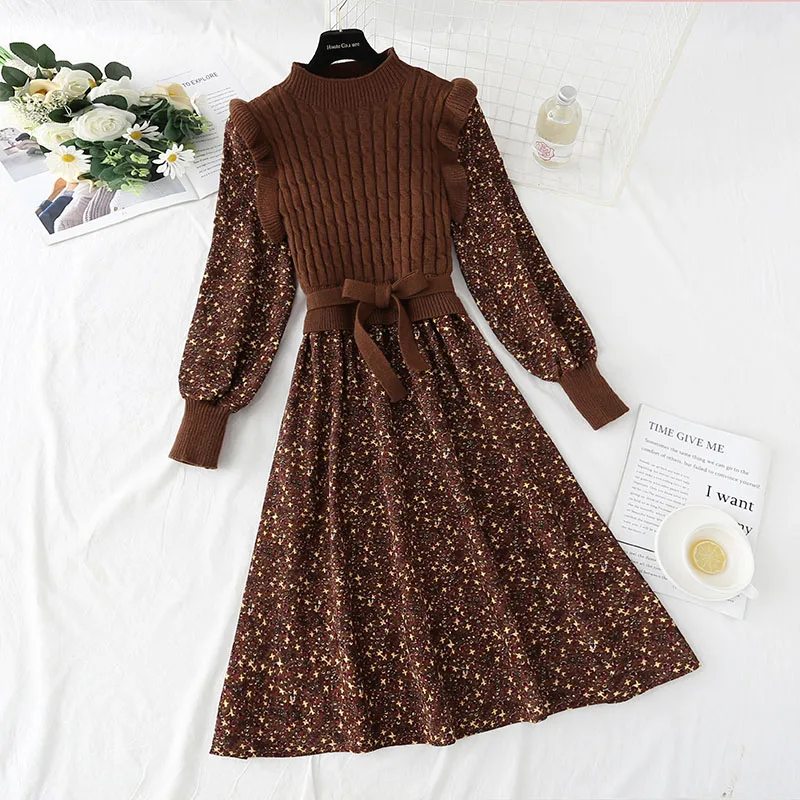 

2021 New Fake Two-piece Knit Stitching Midi Dress Temperament Corduroy Bottoming Floral Print Dress Women's Autumn And Winter