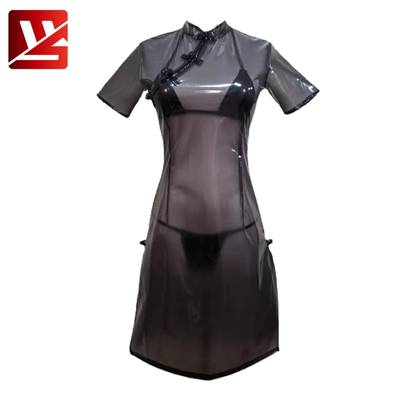 

Sexy Faux Leather Women Slit Short Slim Dress Lady PVC Exotic Translucent Black Chinese Cheongsam Nightclub Costume New Custom