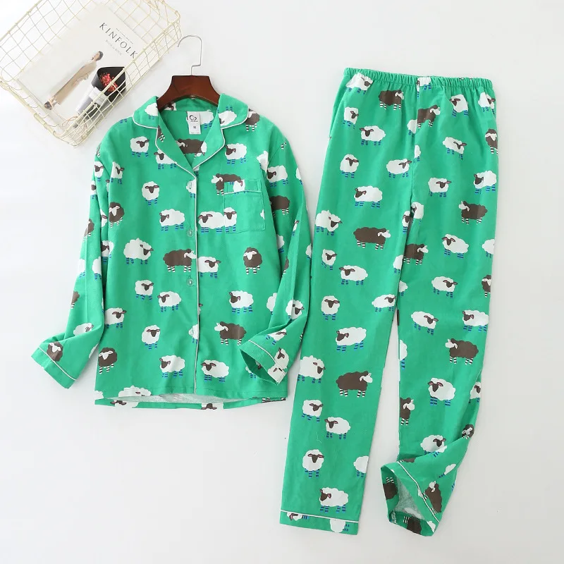 

Women's Long-sleeved Home Wear Cartoon Cute Pajamas 100% Cotton Trouser Suit Autumn Lapel Brushed Fabric Sleepwear Women 2 Piece