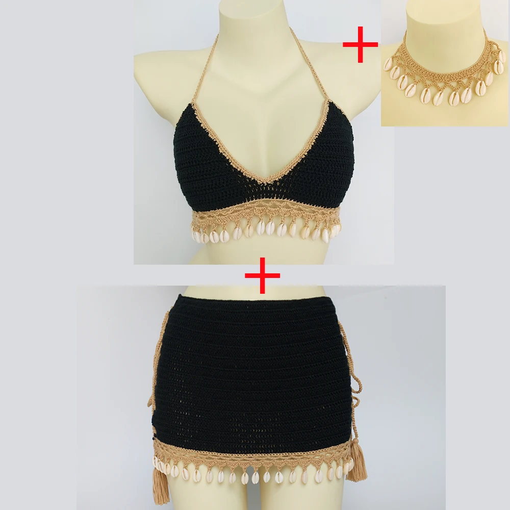 Fashion Shell Set 3 Piece Bikini Set Woman Fringed Crochet Bikini Top Sexy Beach Dress Lace Mini Skirt and Shell Necklace