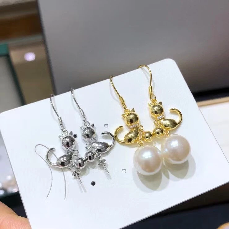 Lovely Cat 925 Sterling Silver Earrings Findings Settings Base Mountings Parts Mounts for Pearls Agate Crystal Stones 5pairs/lot