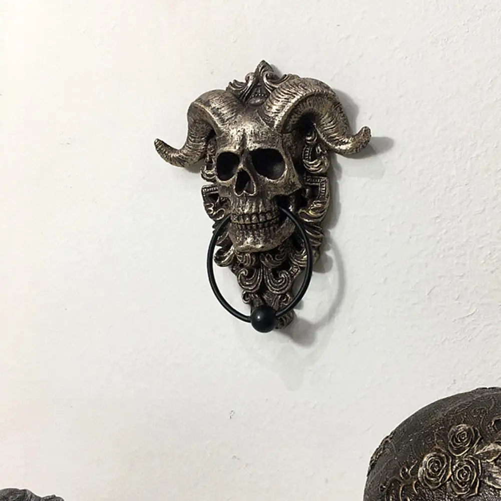 Retro Art Door Ring Hell Demon Horned Skull Hanging Door Knocker Heavy Duty Gothic Doorknocker-perfect Home Decoration Knocker