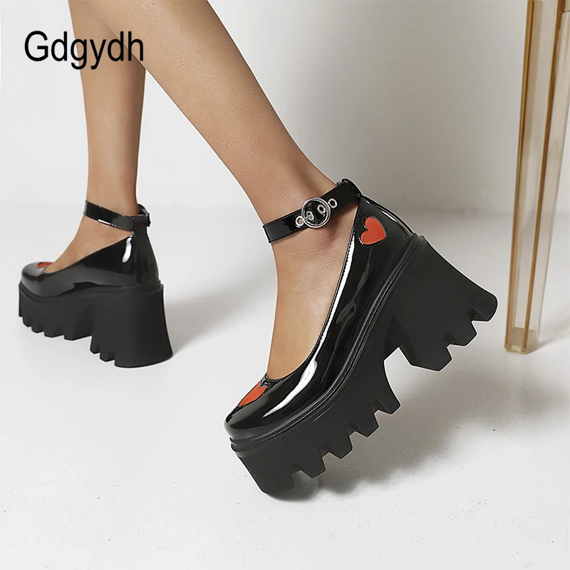 Gdgydh Romantic Goth Heart Shaped Shoes Women Platform Chunky Heels Cosplay Accessories Lolita Shoes Patent Leather Plus Size 43