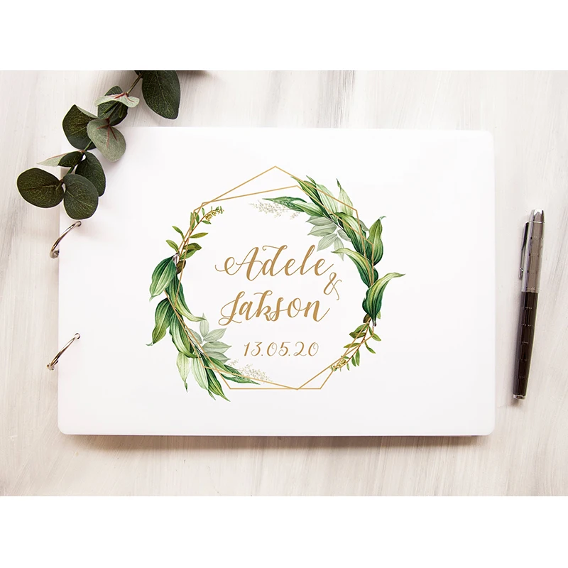 Personalized Guest Book Greenery Wedding Guest Book Wood Wedding GuestBook Calligraphy Wedding Instant Photo Album