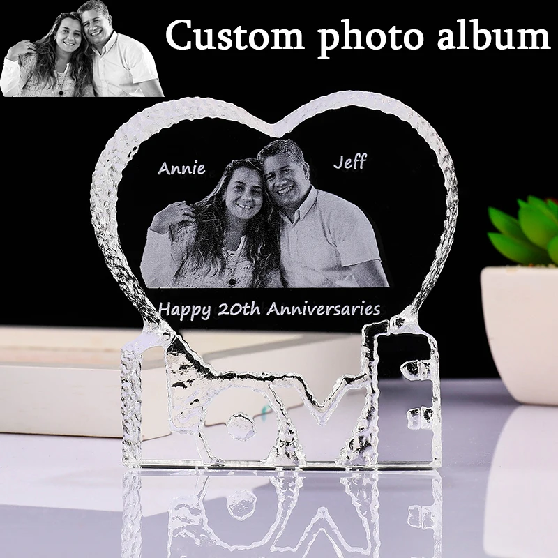 Customized LOVE Shaped Crystal Glass Pictures Albums Couples Wedding Photo Frame Anniversary Keepsake Friends Family Lover Gifts