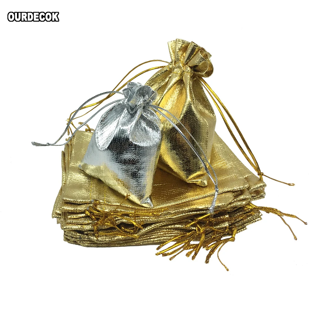 

100 pcs Silver Gold Color Gift Bags Metallic Foil Drawstring Pouches Gift Jewelry Packing Wedding Party Decorations 7x9cm 9x12cm