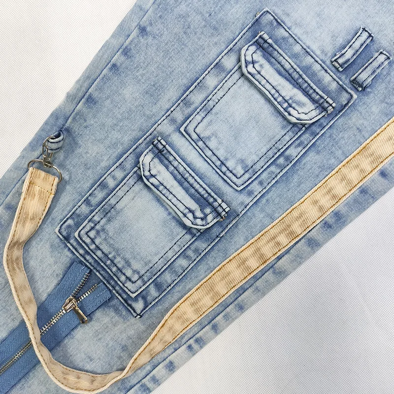 2023 New Khaki Denim Blue Personalized Color-blocking Washed Jeans Men\'s Straight Pants Zipper Tooling