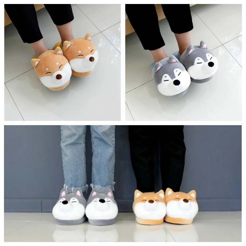 2024 Hot Sale Women Home Shiba Inu Slippers Winter Warm Shoes Husky Slip on Flats Slides Female animal Slippers Women Shoes image 6