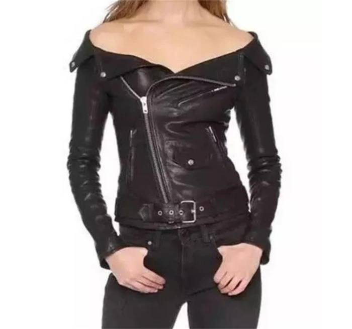 Women Faux Leather PU Jacket Autumn Sexy Slash Neck Biker Motorcycle Casual Zipper Party Short Belted Basic Punk Jacket E6294