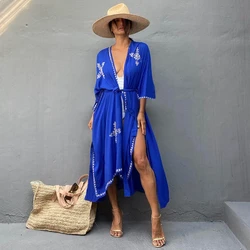 2022 New Embroidery Kimono Women Elegant Open Front Kaftan Cover-Ups Boho Vibe Duster Belt Coat Fancy Overdress Resortwear Robe