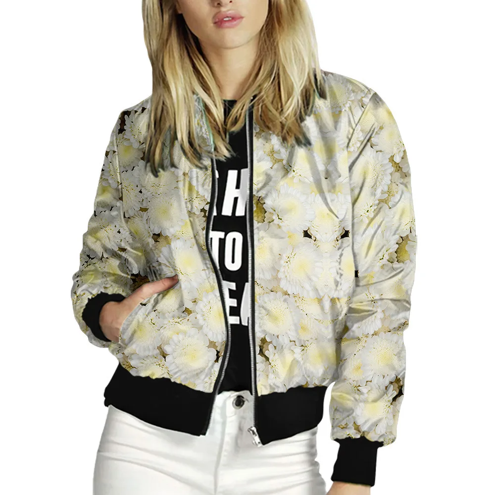 Female Zipper Women Jacket Spring Top Fashion Street Style Floral Print Long sleeve Baseball Collar Coat Slim Short Jacket Thin