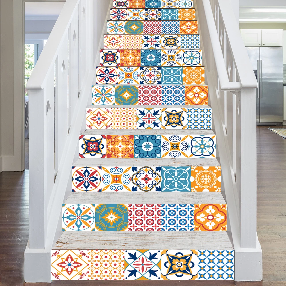 Colorful Retro Strip Floral Ornament Ceramic Tile Wall Stickers Stairs Kitchen Home Decor Wall Decals Peel & Stick Art Wallpaper