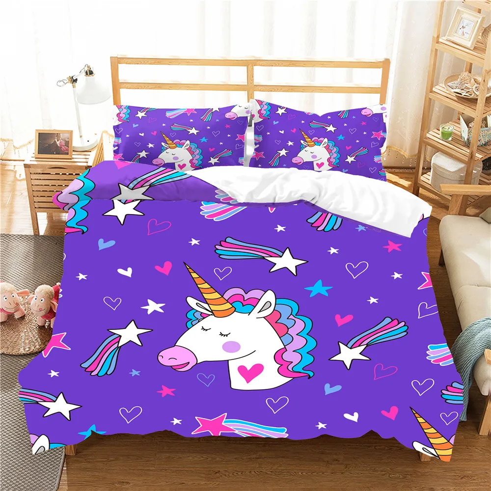 3D Digital Printing Unicorn Duvet Cover Set for Kids Bedding Set Fairytale with Sparkling Stars Queen King Size Quilt Cover Sets