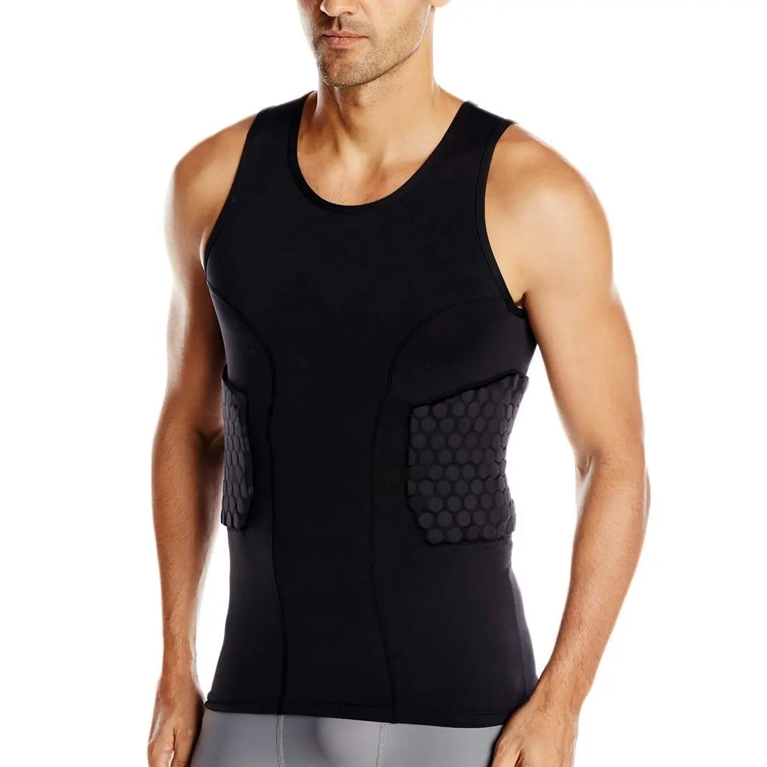 Men\'s Rib Protector Padded Vest Compression Shirt Training Vest with 3-Pad for Football Soccer Basketball Hockey Protective Gear