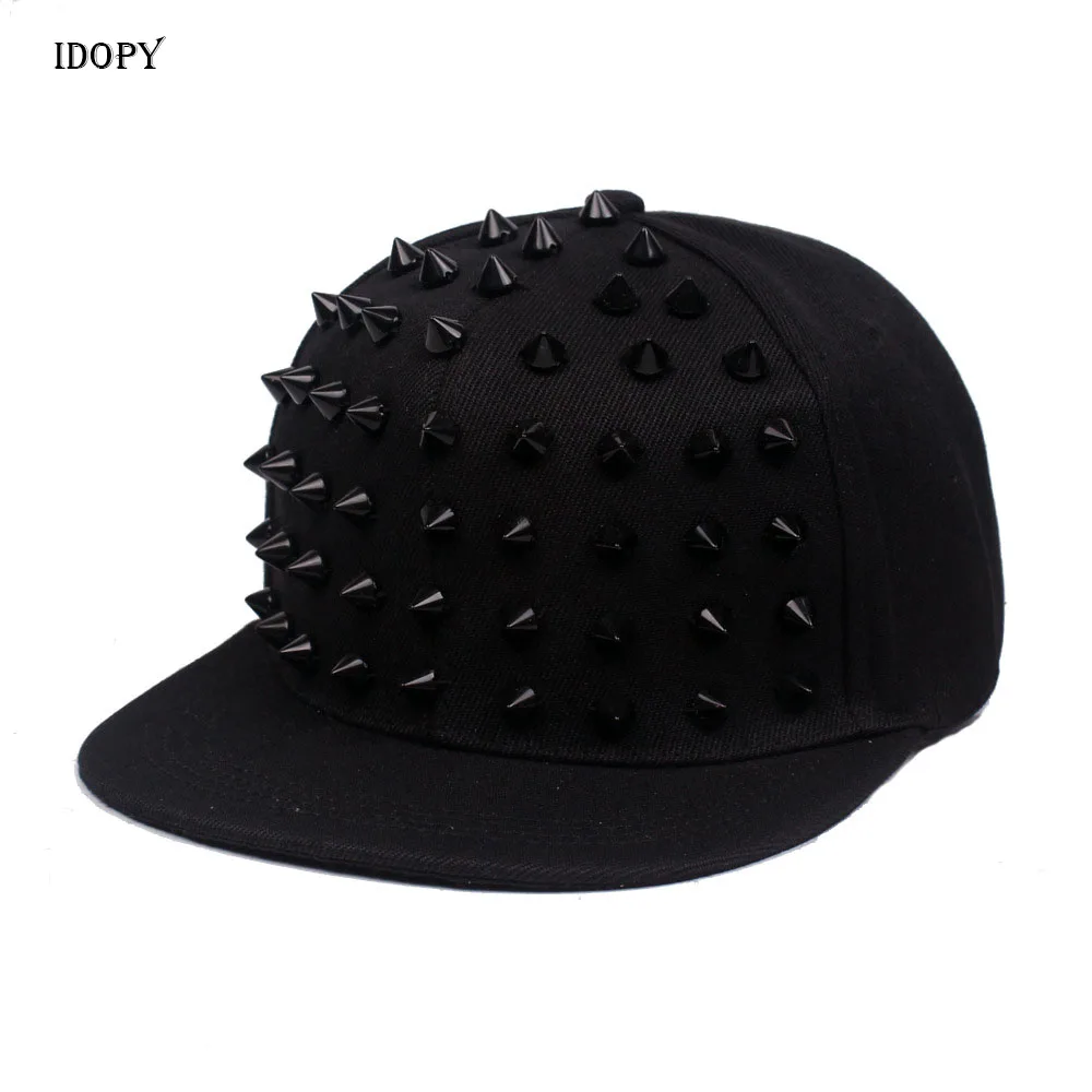 Idopy Men`s Studded Baseball Cap Cool Hip Hop Hedgehog Jazz Snapback Spike Street Style Punk Rivet Hat