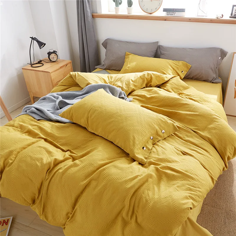 Euro Solid Color Grid Cotton Bedding Set Luxury Soft Breathable Duvet Cover Yellow Pink Bed Linen Brown White Queen King Bed Set