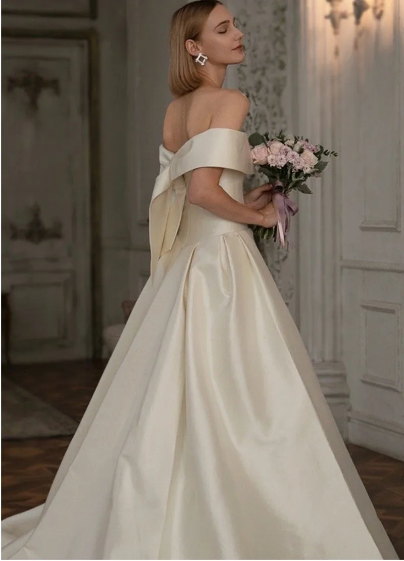 Elegante abito da sposa lungo con spalle scoperte 2021 raso Vestido de Noiva moda abiti da sposa principessa Mariage su misura