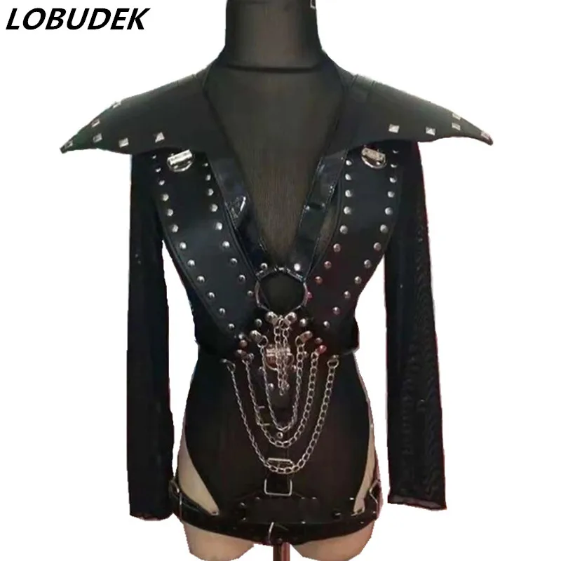 Women Punk Black Leather Rivet Armor Metal Chain Bodysuit Cosplay Costume Female Soldiers Role-playing Performance Stage Clothes