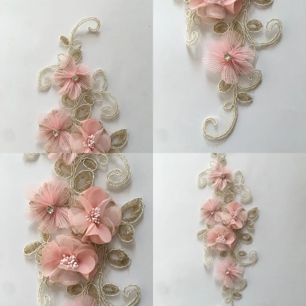 Pink 3D flower Laces collar Embroidery Rhinestone top lace Application Lace sewing fabric Clothing Needlework Accessories