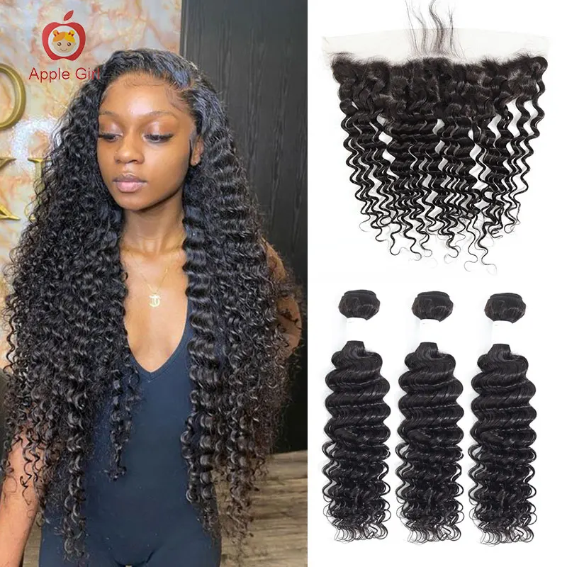 

Deep Wave Transparent Lace Frontal With Bundles 3 or 4 Bundles With Lace Frontal Closure Applegirl Remy Human Hair Weave Weft