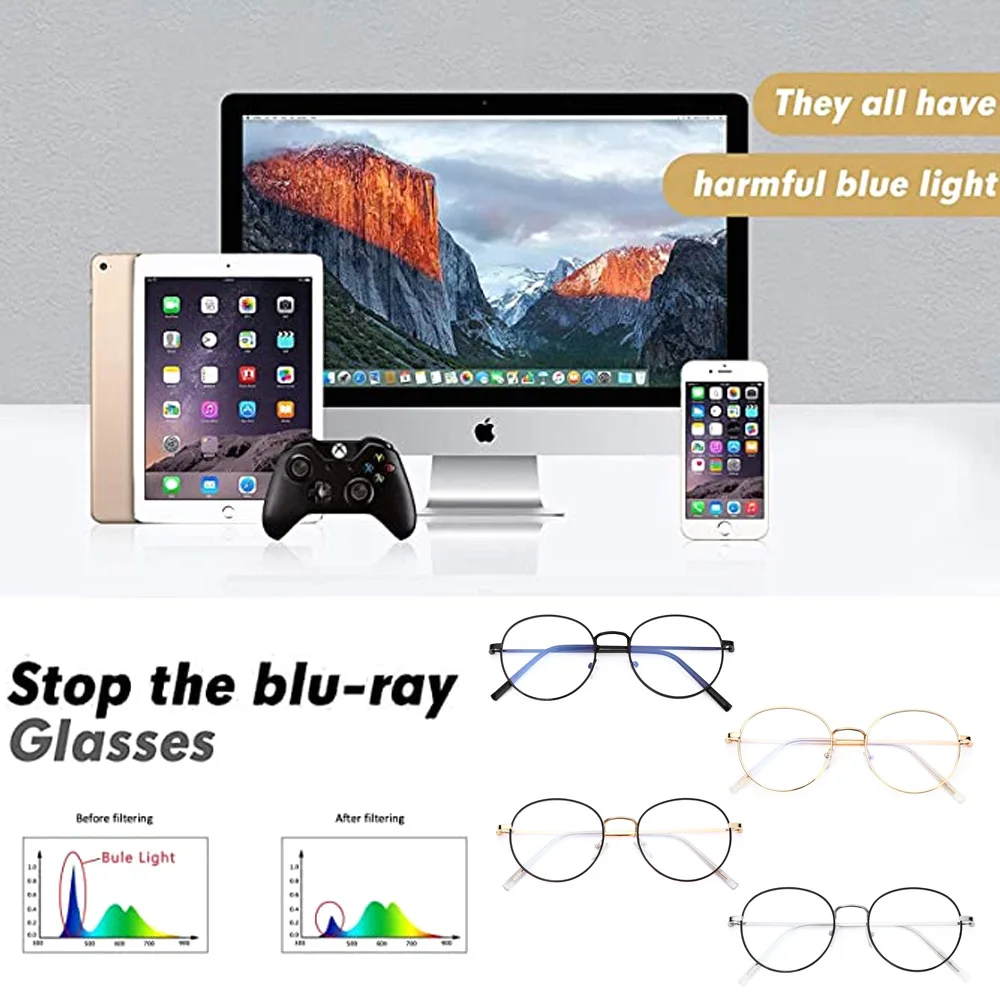 Anti-Blue Light Glasses for Women Men Classic Metal Frame Eyewear Fashion Office Computer Goggles Blue Rays Blocking Glasses