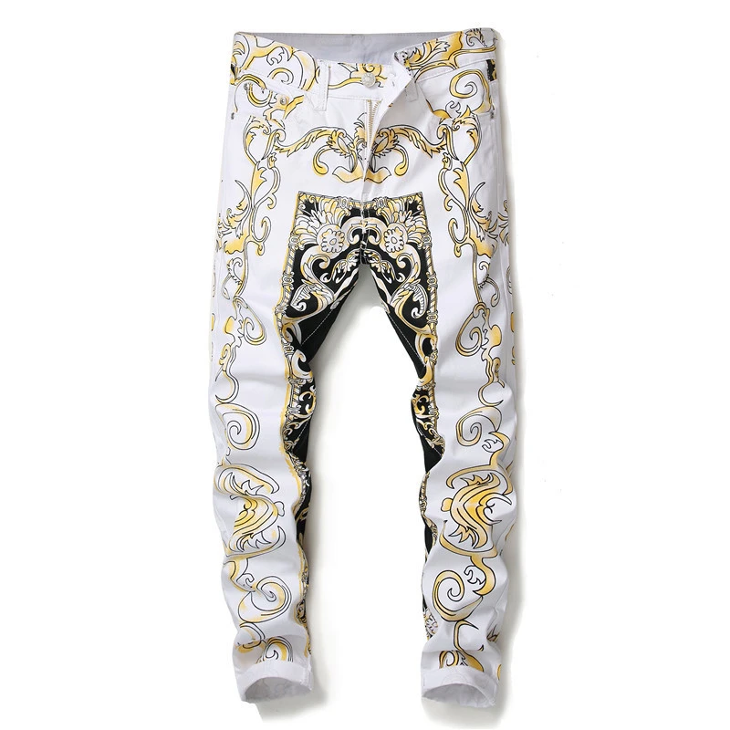 EH·MD® White Floral Jeans Men\'s Anime Embroidery Black and White Split Soft Slim Cotton Stretch Pants Tide Brand Four Seasons