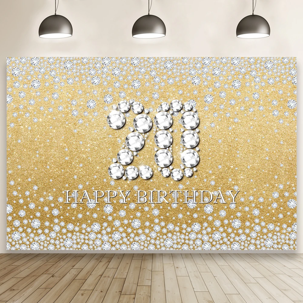 Shiny Diamonds Happy 20th Birthday Party Golden Background Glitters Pattern Portrait Custom Poster Family Photography Backdrop