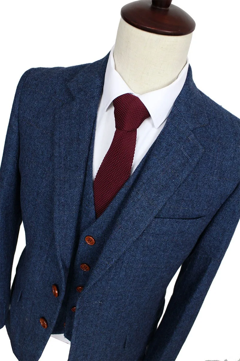 Trajes de Tweed de espiga azul de lana para hombre, traje de sastre, Blazer, 3 piezas (chaqueta + Pantalones + chaleco), disfraz para hombre