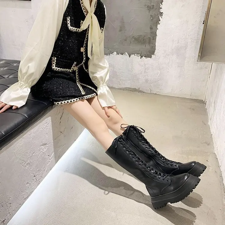 2021 Chunky Platform Pu Leather Knee High Boots Women Punk Increasing Long Woman Lace Up Booties Mujer Zip Chelsea