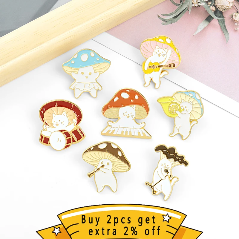 Mushroom Band Theme Party Enamel Pins Cute Plant Brooches For Kid Women Cartoons Lapel Pin Musical Instrument Badge Jewelry Gift