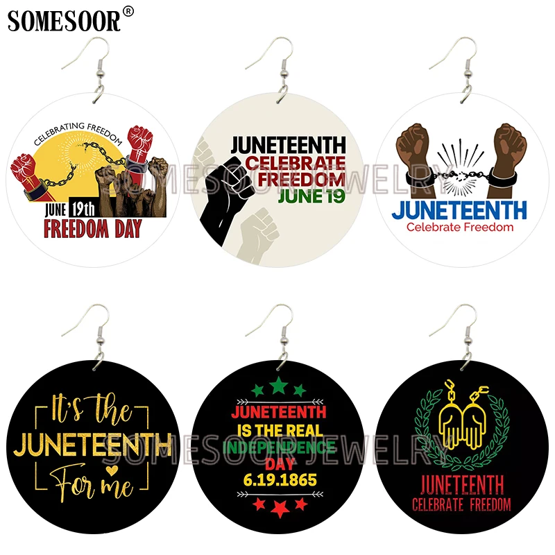 SOMESOOR Juneteenth Celebrate Freedom June 19 Black Liberation Day Wood Both Sides Print Drop Dangle Earrings For Women Gift