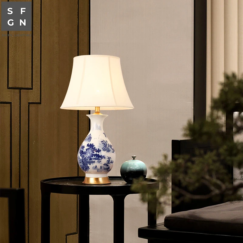 Copper Table Lamp Bedside Jingdezhen Ceramic Chinese Style Decorated LED Table Lamps for Living Room Bedroom