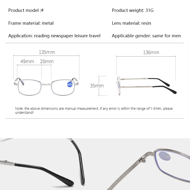 New Metal Frame Folding Reading Glasses For Men And Women Anti Blue Light Gold And Silver Full Frame PC Lens With Leather Case image 2