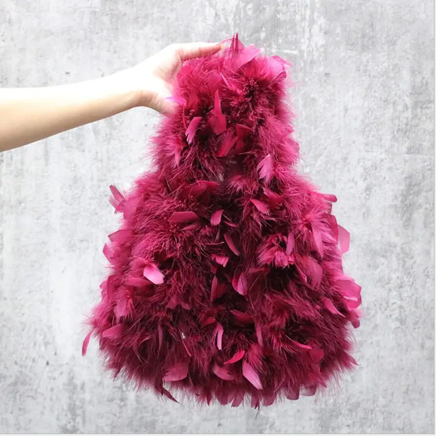 

Real Ostrich Feather Bag Soft Women FLuffy Pull Through Strap Slouchy Wrist Fashon Tote Bag