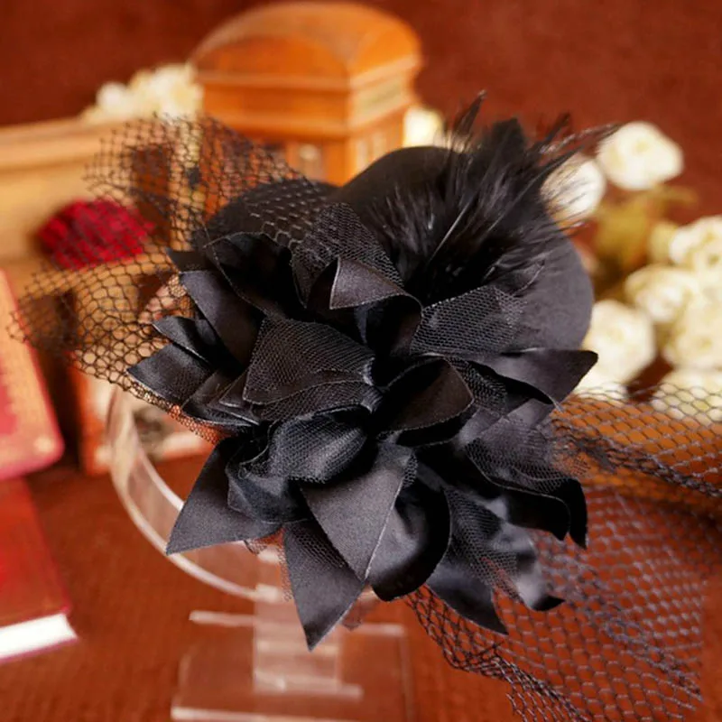 Gothic lolita headdress black flower feather small top hat hairpin side clip hair Punk accessories