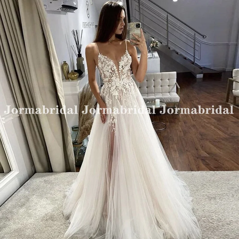 Sexy High Slit Boho Hochzeit Kleider 2022 Illusion Stickerei Spitze Spaghetti Strap Light Gewicht Weiche Tulle Strand Brautkleider