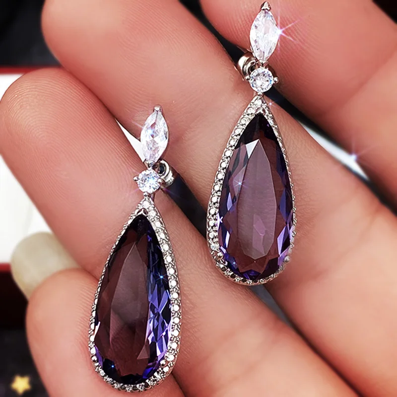 Huitan Unique Purple Cubic Zirconia Earrings for Women Simple and Elegant Female Earrings Engagement Wedding Jewelry Drop Ship