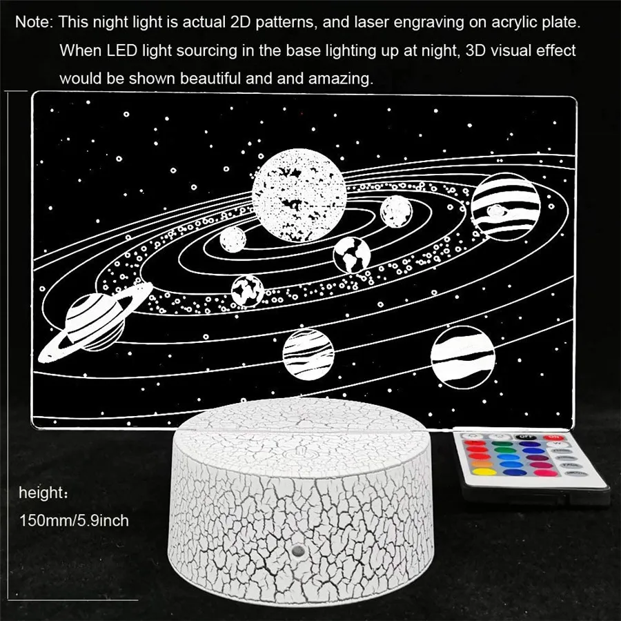 3D Acrylic Night Lamp with Remote Controller, USB, Battery Powered, RGB, Solar System, Bedroom,Study,Gifts, 16 Colors