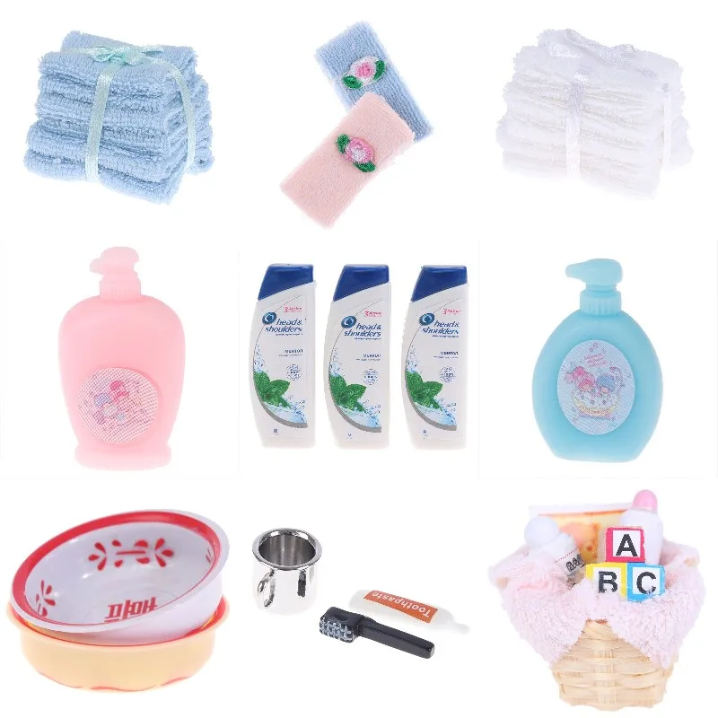 

1:12 Dollhouse Miniature Shampoo Shower Gel Toothbrush Toothpaste Cup Wash Basin Towels Necessary Toiletries For Doll's Bath