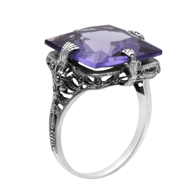 Szjinao Women 925 Sterling Silver Ring Undefined Gemstones Amethyst Rings Vintage Rectangle Unique Handmade Christmas Jewelry