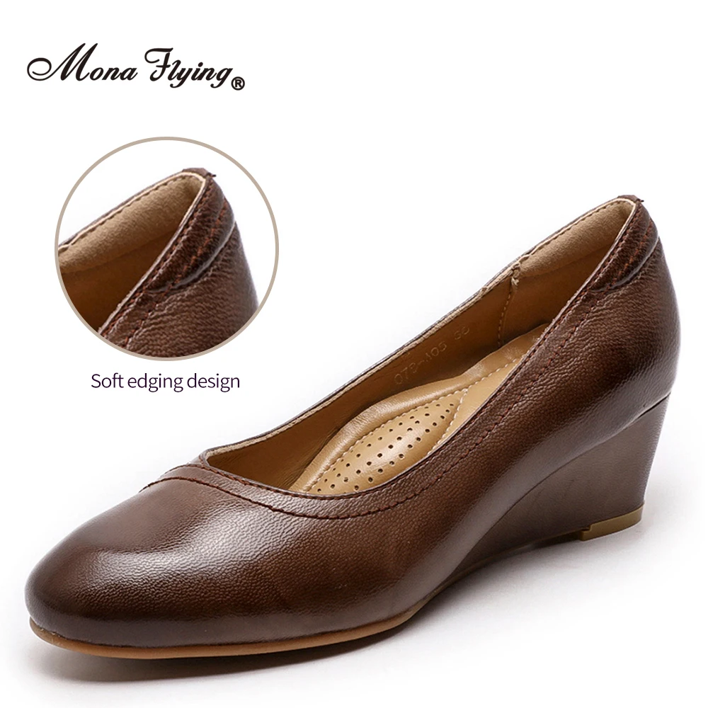 Mona Flying Scarpe da donna con zeppa in vera pelle da 5 cm con tacco alto Décolleté fatti a mano con punta tonda e tacco alto Scarpe da ufficio per