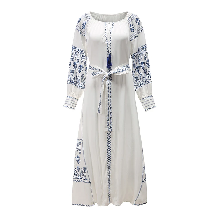 TEELYNN White Cotton Maxi Dress Women Ethnic Tunic Robe Vintage Long Sleeve Embroidery Autumn Dresses Boho Beach Loose Vestidos