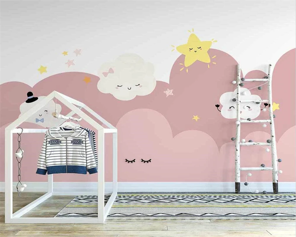 Beibehang papel de parede Benutzerdefinierte Nordic handgemalte rosa wolken sternenhimmel kinderzimmer mädchen hintergrund tapete