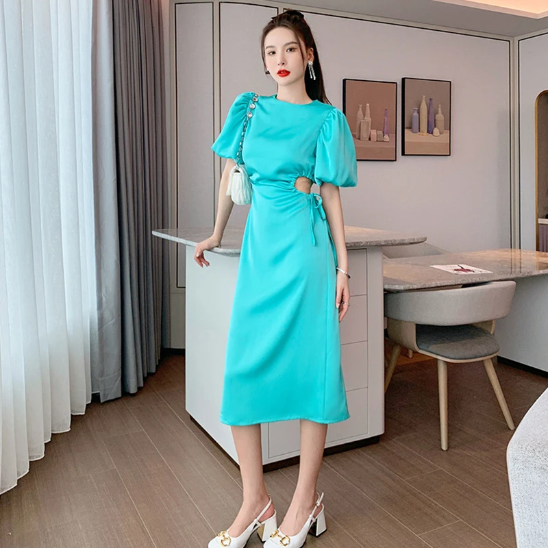 

Fashion Summer Vintage Puff Sleeve Midi Party Dress Ladies Elegant Robe Coffee Break Sexy Hollow Show Waist Beach Satin Dress