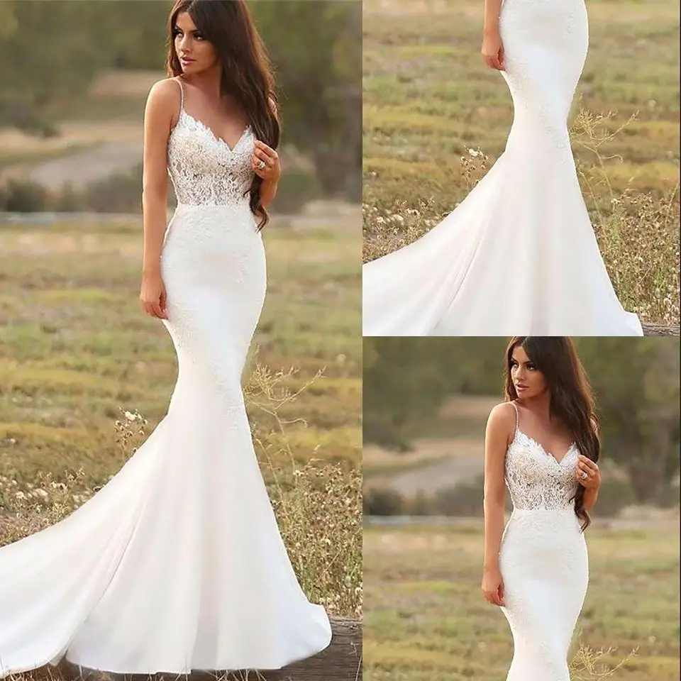 Sexy Mermaid White Wedding Dresses Spaghetti Straps Lace Satin Trumpet Garden Gowns Country Style Bridal Gowns Vestidos De Noiva