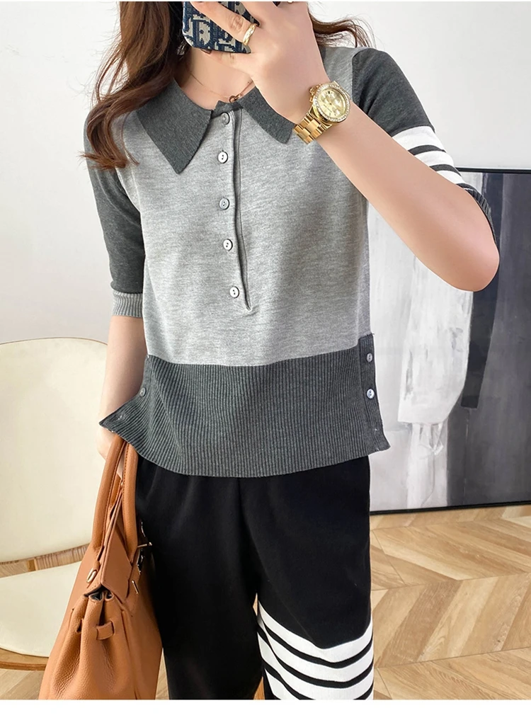 Spring  new TB short-sleeved sweater women\'s self-cultivation stitching lapel four-bar five-point sleeve POLO shirt tide