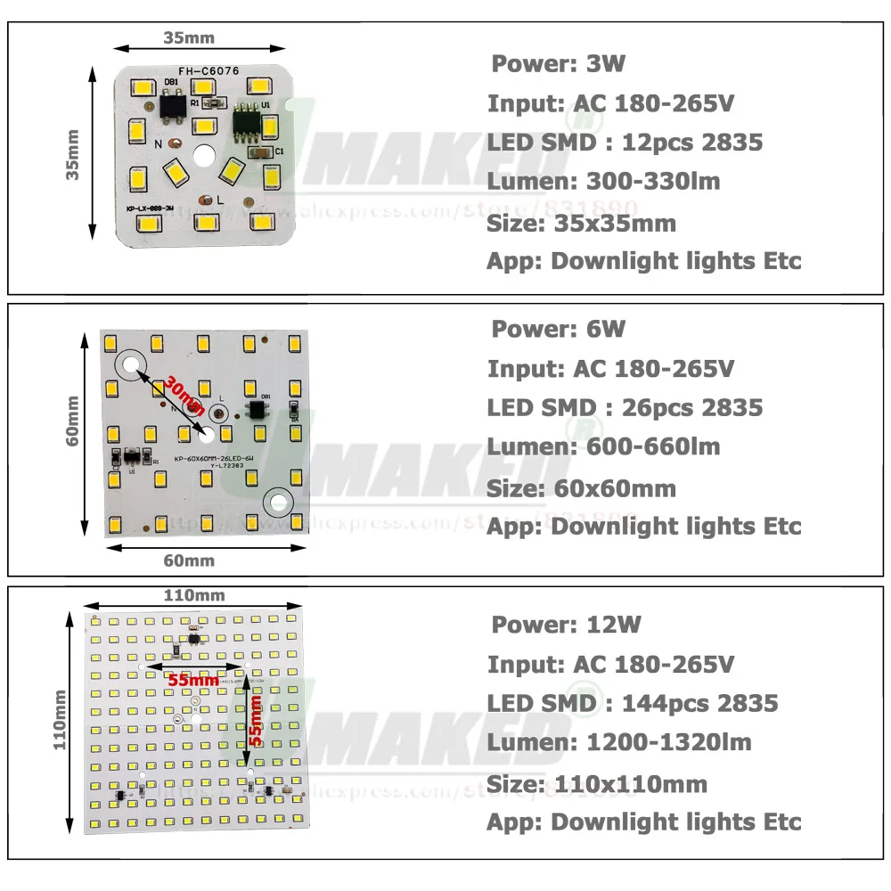 Imagem -04 - Módulo de Led Pcb Tamanhos Ac220v 3w 6w 12w Led Placa de Alumínio Branco Quente Smd2835 Driver ic Inteligente para Lâmpadas Holofotes Diy