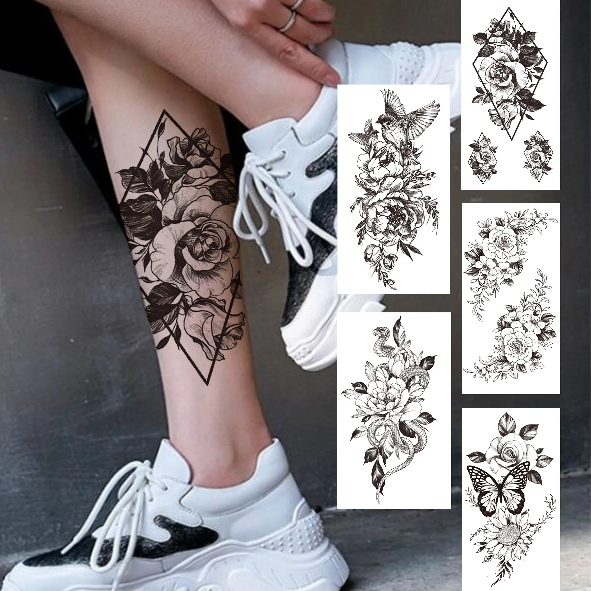 Geometry Rose Flower Temporary Tattoos For Women Girls Black Butterfly Bird Tattoo Sticker Fake Peony Geometric Body Art Tattos