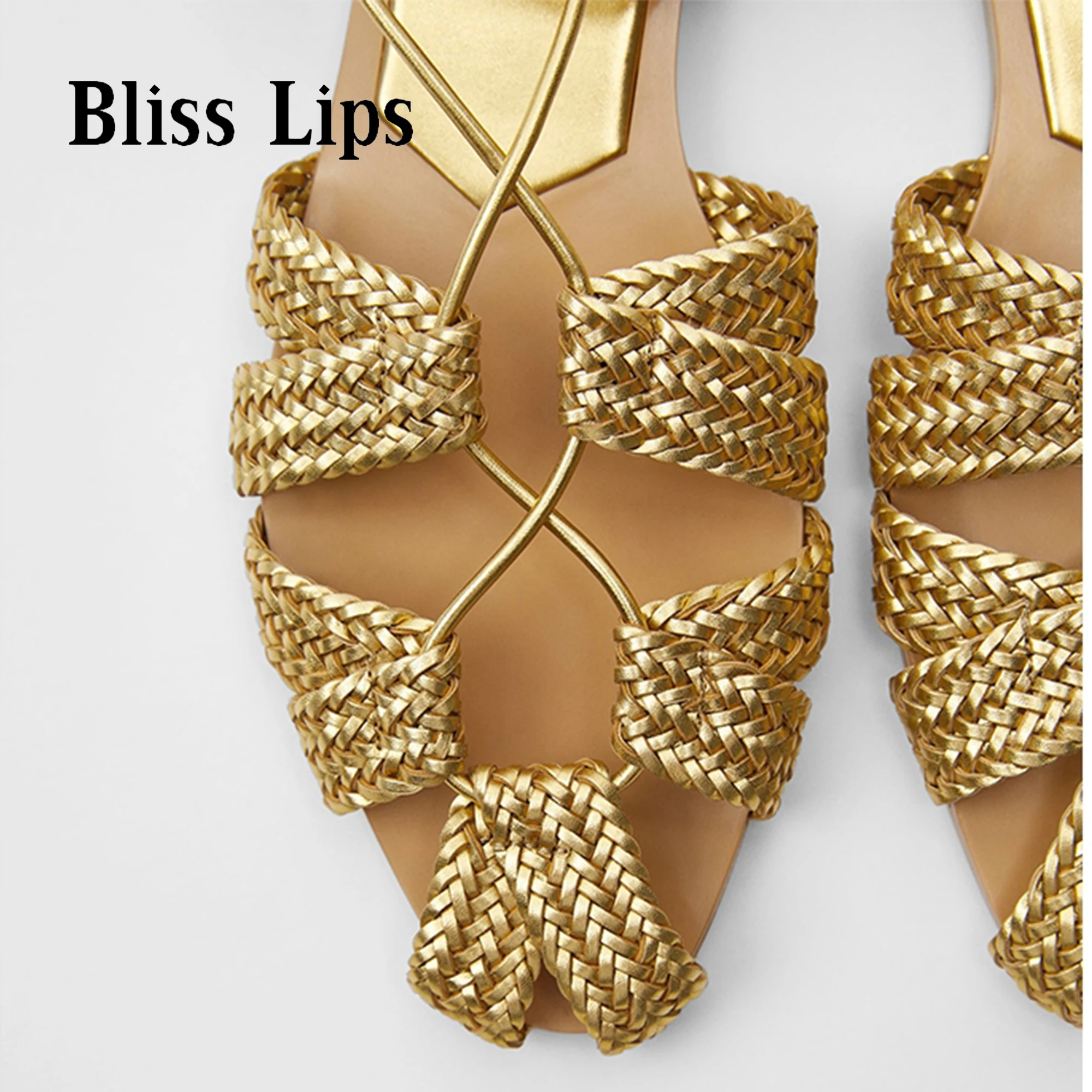 Golden Braided Strap Sandals Women Cross Strap Flat Shoes Women Ankle Strap Casual Shoes Sandals Women